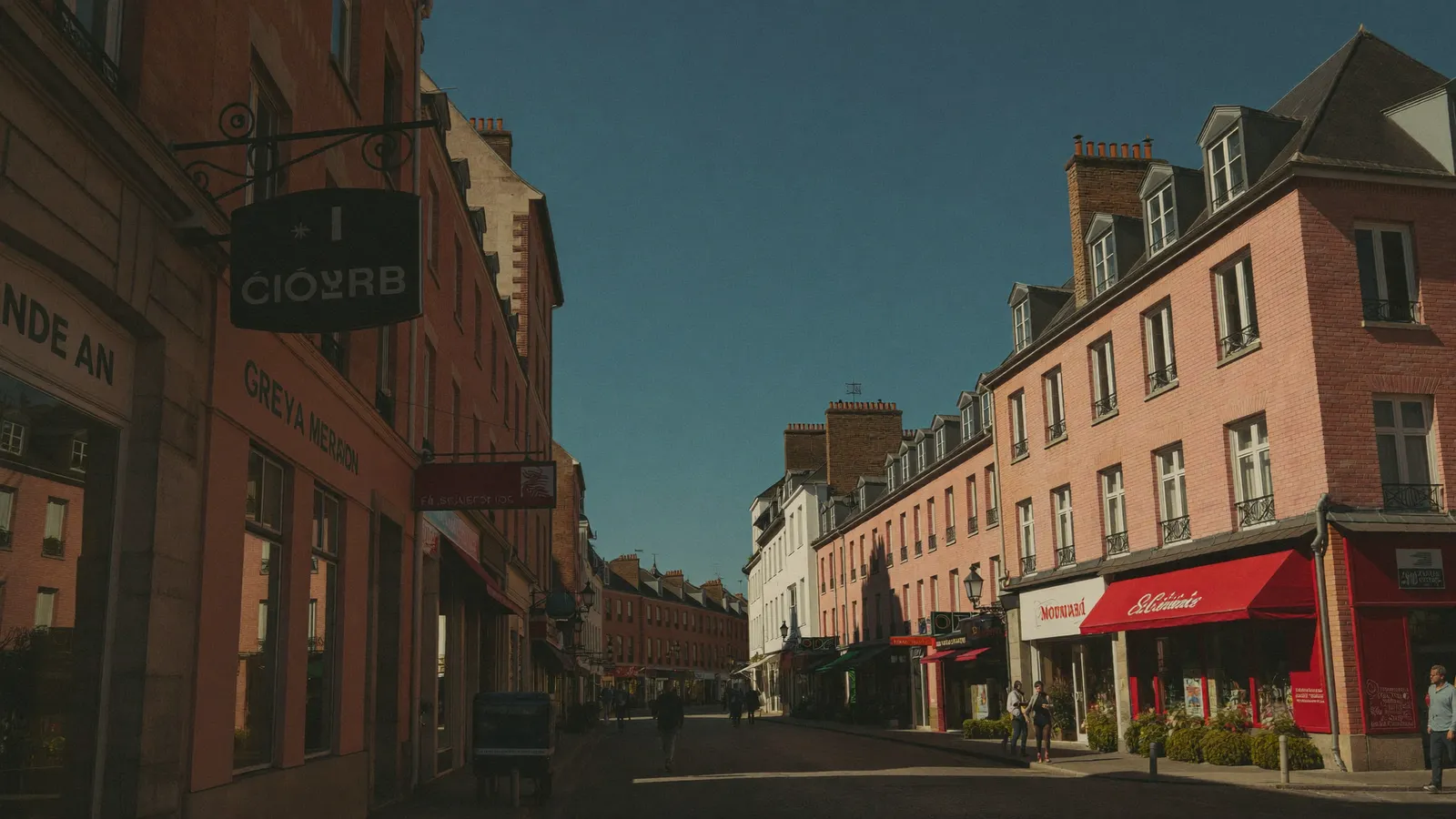 Rue commerçante en brique rose typique de Montauban dans le Tarn-et-Garonne
