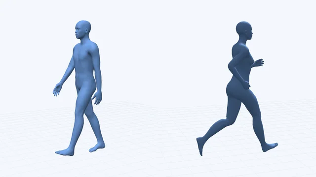 Un homme qui marche et une femme qui court, modélisés en 3D