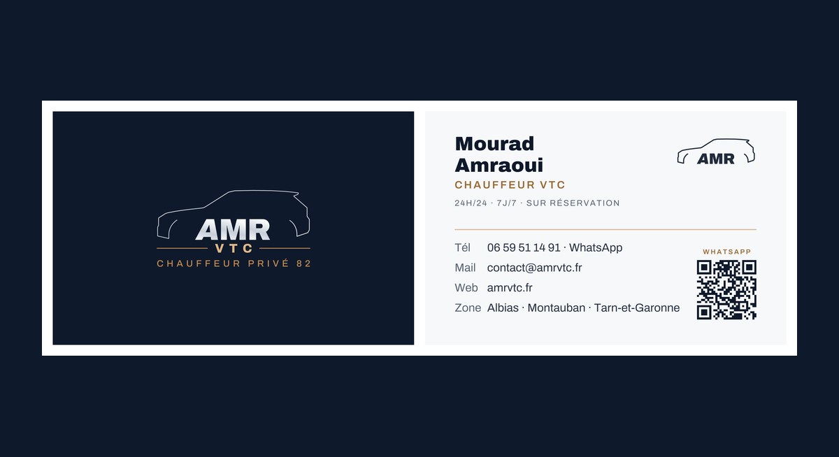 Carte de visite AMR Chauffeur, recto nuit et verso ivoire