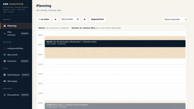 Le tableau de la journée d’AMR Chauffeur : les courses du jour