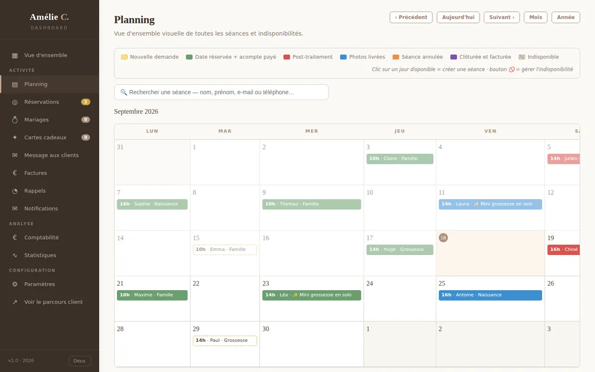 Planning des séances photo