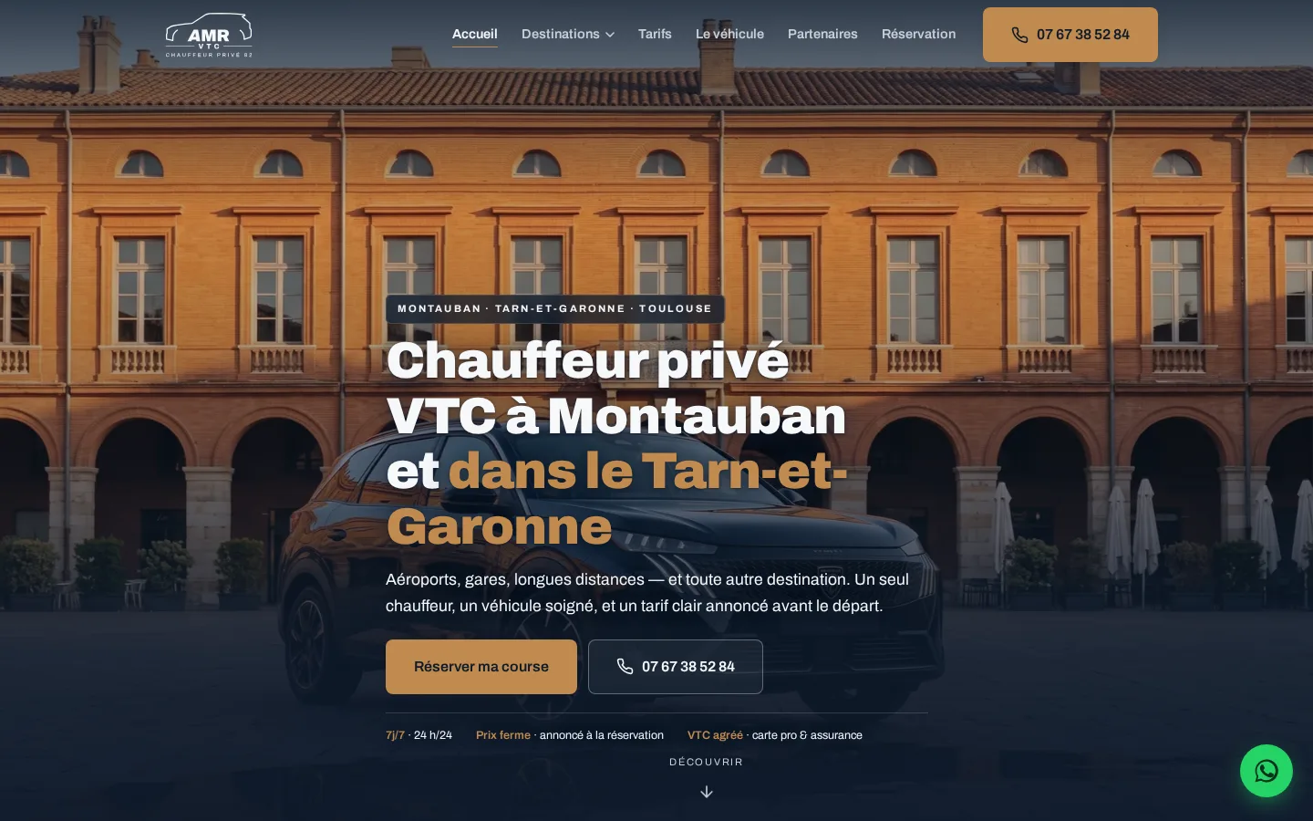 Page d’accueil du site AMR Chauffeur : « Chauffeur privé VTC à Montauban et dans le Tarn-et-Garonne »