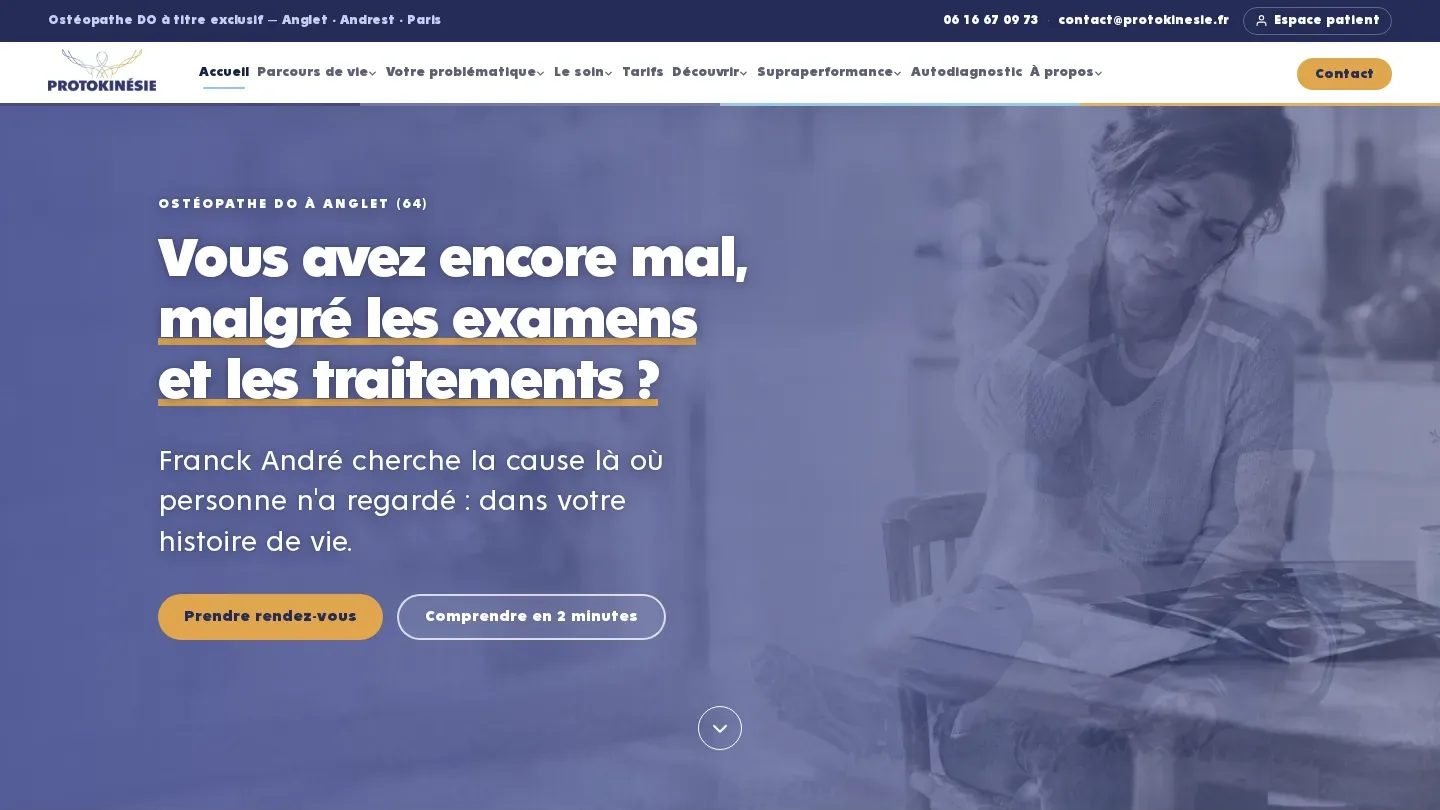 Page d’accueil du site Protokinésie : « Vous avez encore mal, malgré les examens et les traitements ? »