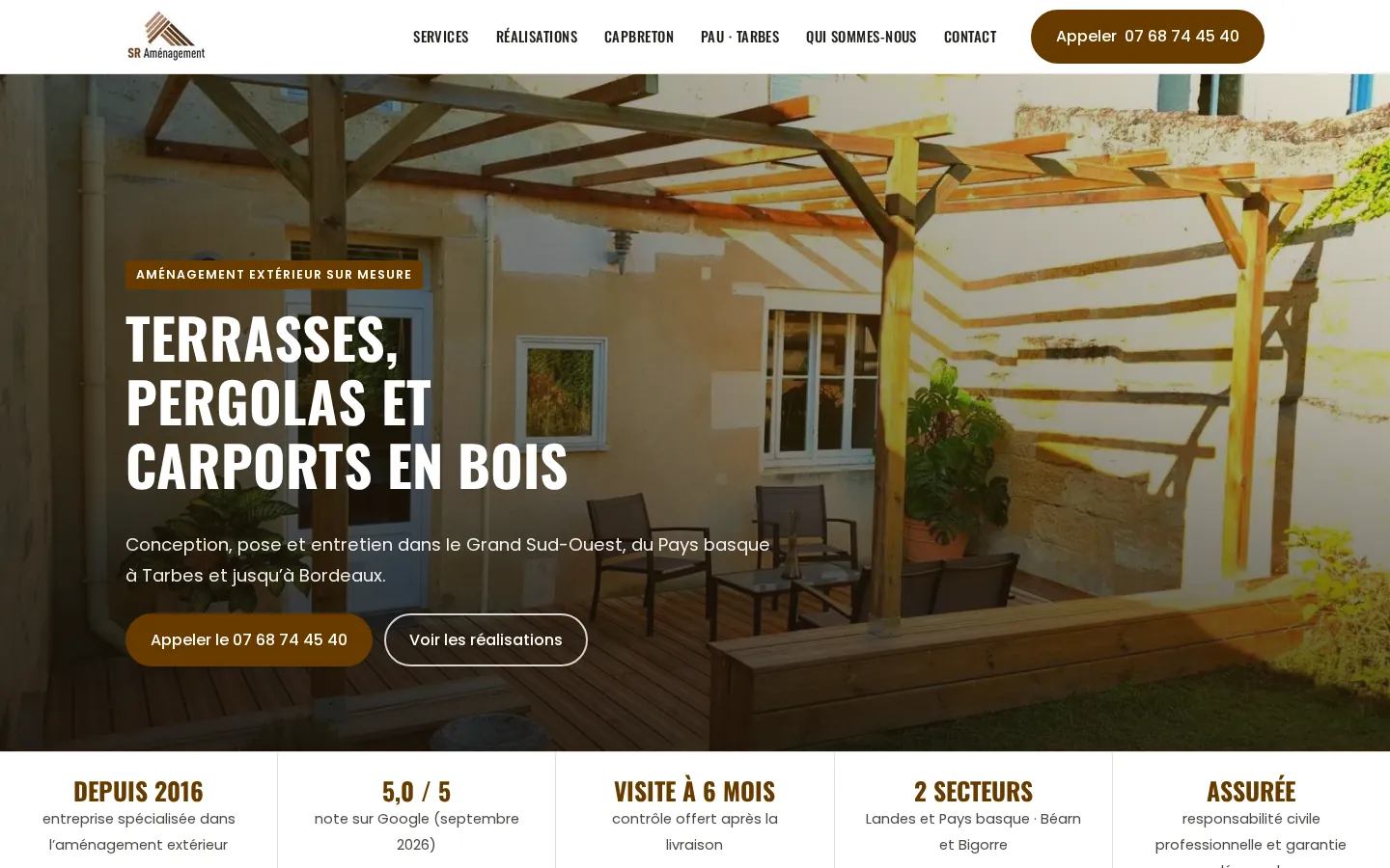 Page d’accueil du site SR Aménagement : « Terrasses, pergolas et carports en bois »