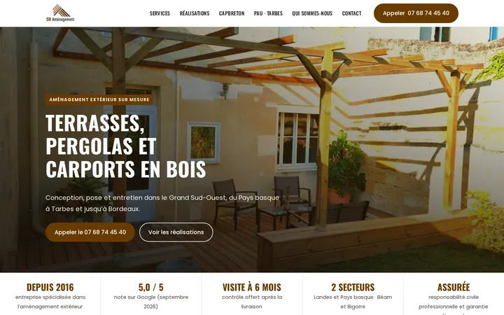 Page d’accueil du site SR Aménagement : « Terrasses, pergolas et carports en bois »