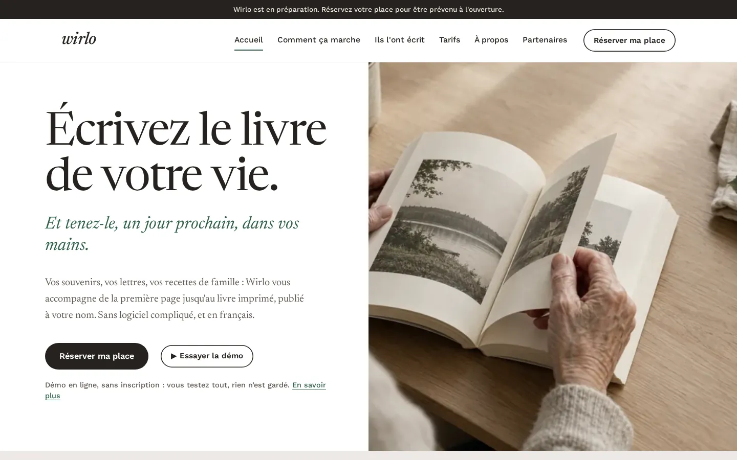Page d’accueil de Wirlo : « Écrivez le livre de votre vie »