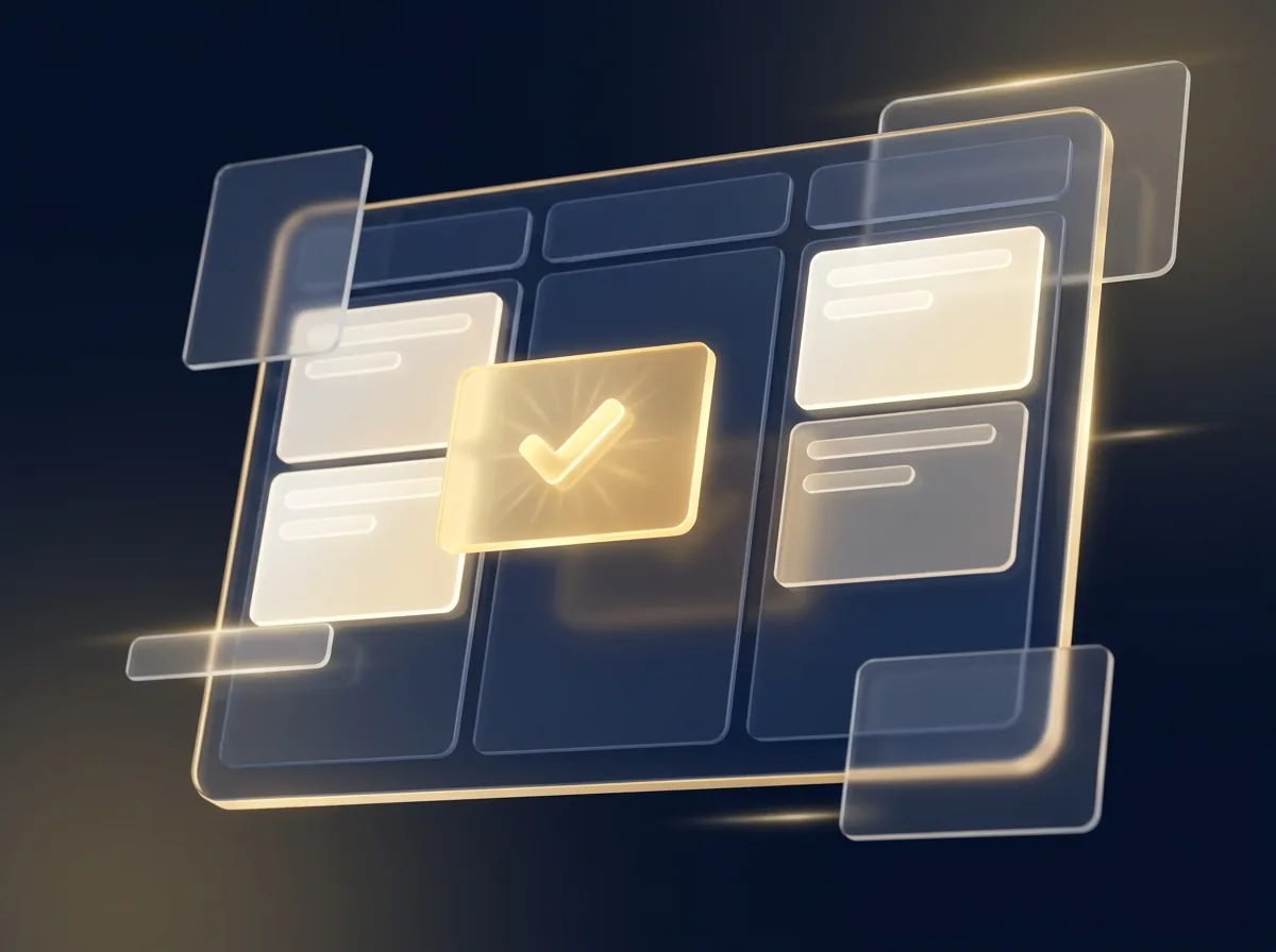 Gestion de projet — illustration 3D d'un tableau kanban avec tâche validée
