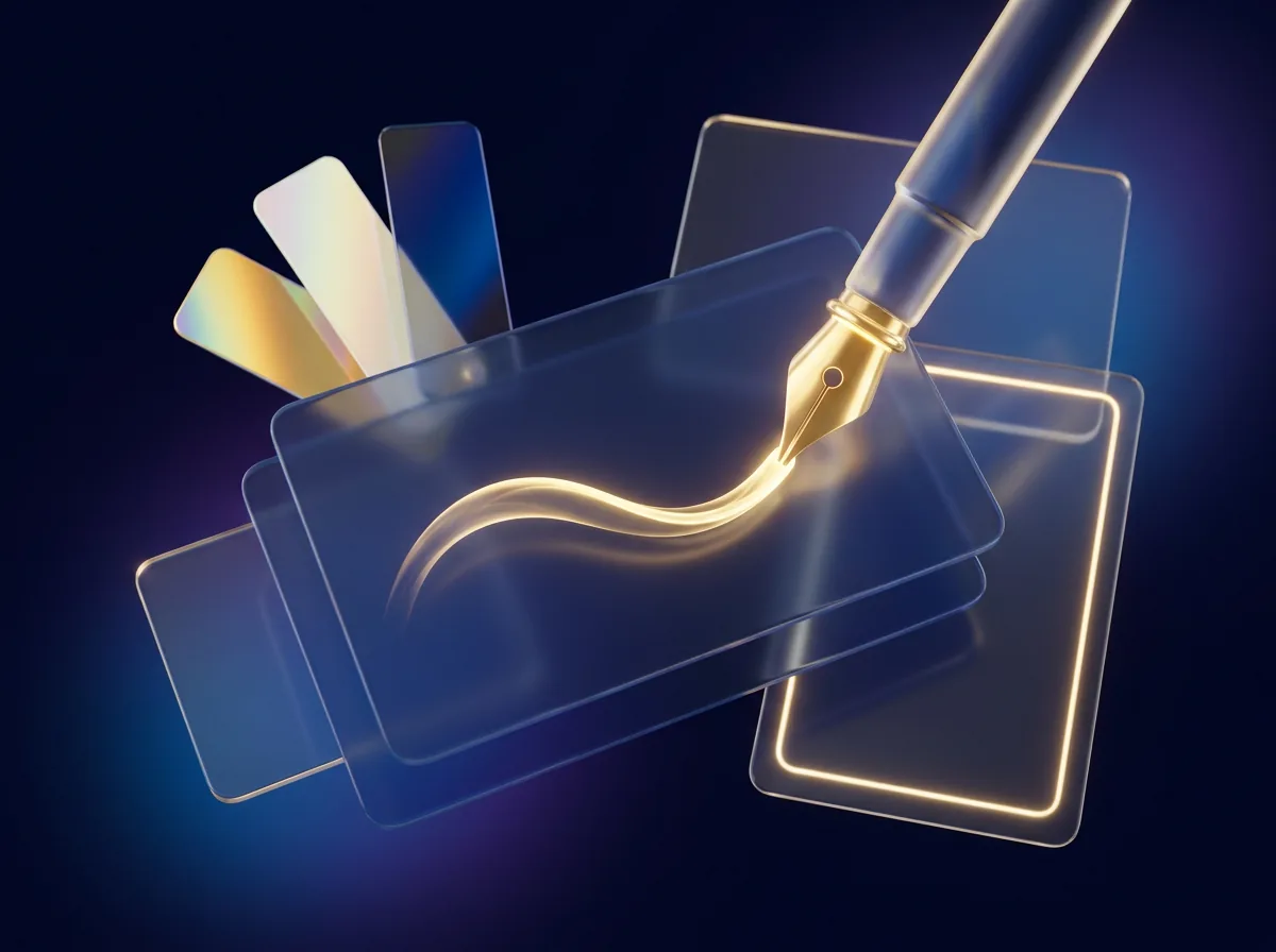 Identité visuelle — illustration 3D d'une plume dorée et de nuanciers de charte graphique