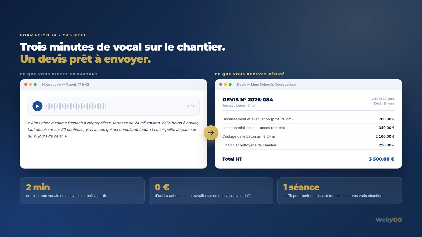 Une note vocale dictée sur un chantier transformée en devis chiffré et mis en forme