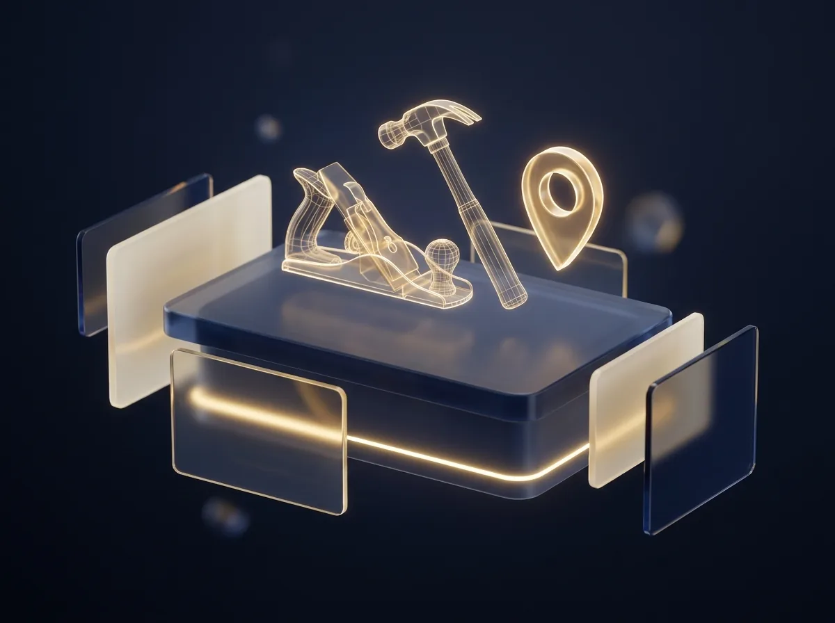 Artisan installé localement — illustration 3D d'un établi avec outils et repère de géolocalisation