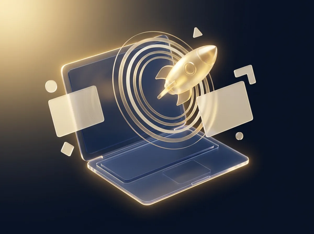 Indépendant qui lance son activité — illustration 3D d'un ordinateur portable avec une fusée au décollage